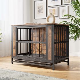 Dog Crate Furniture, Wooden Dog Crate Table, 32.8" Dog Kennel with 2 Sliding Doors and Thick Iron Door Frame